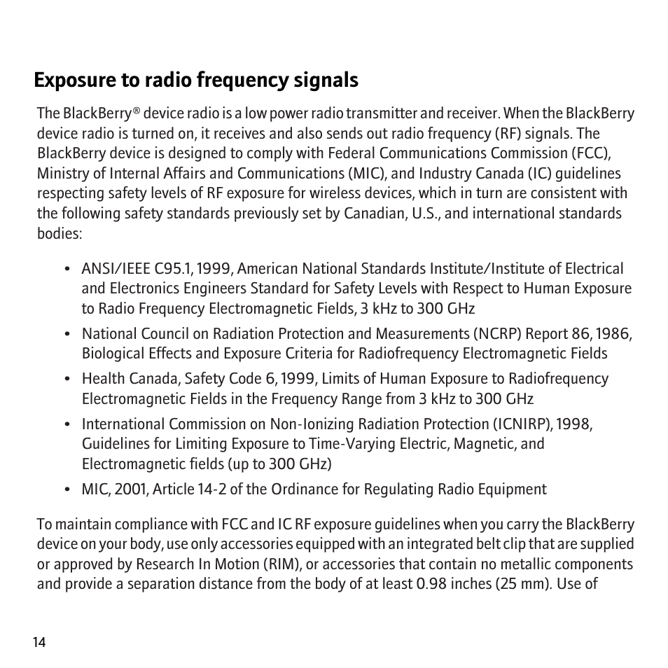 Exposure to radio frequency signals | Blackberry Pearl 8130 User Manual | Page 16 / 32