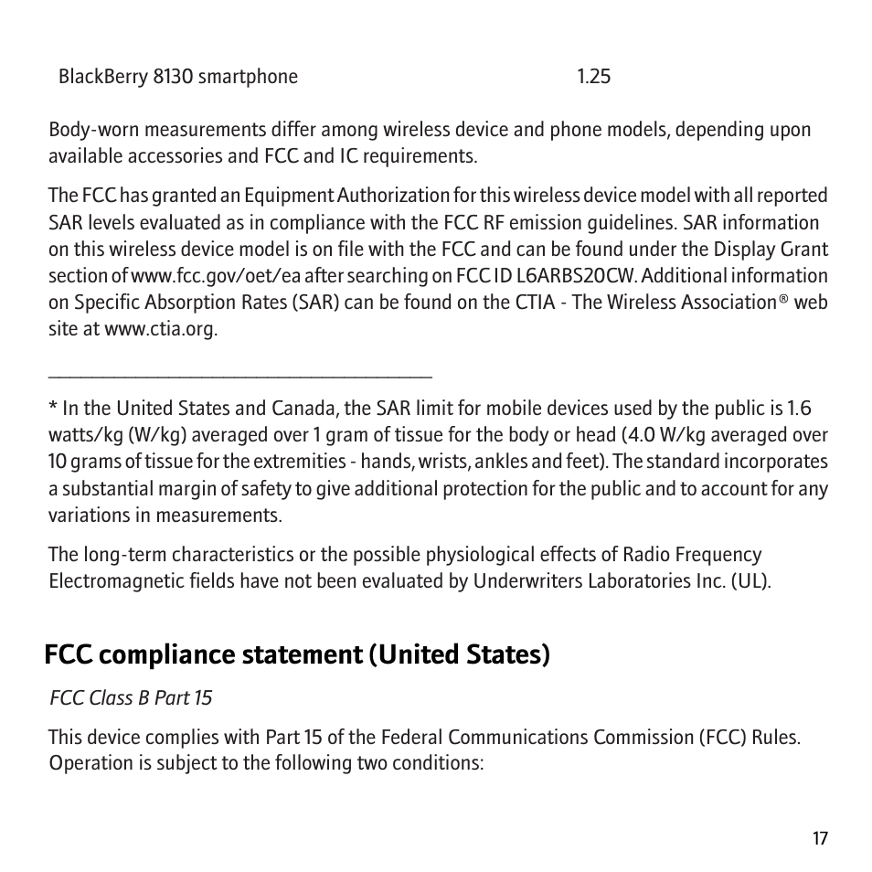 Fcc compliance statement (united states) | Blackberry Pearl 8130 User Manual | Page 19 / 32