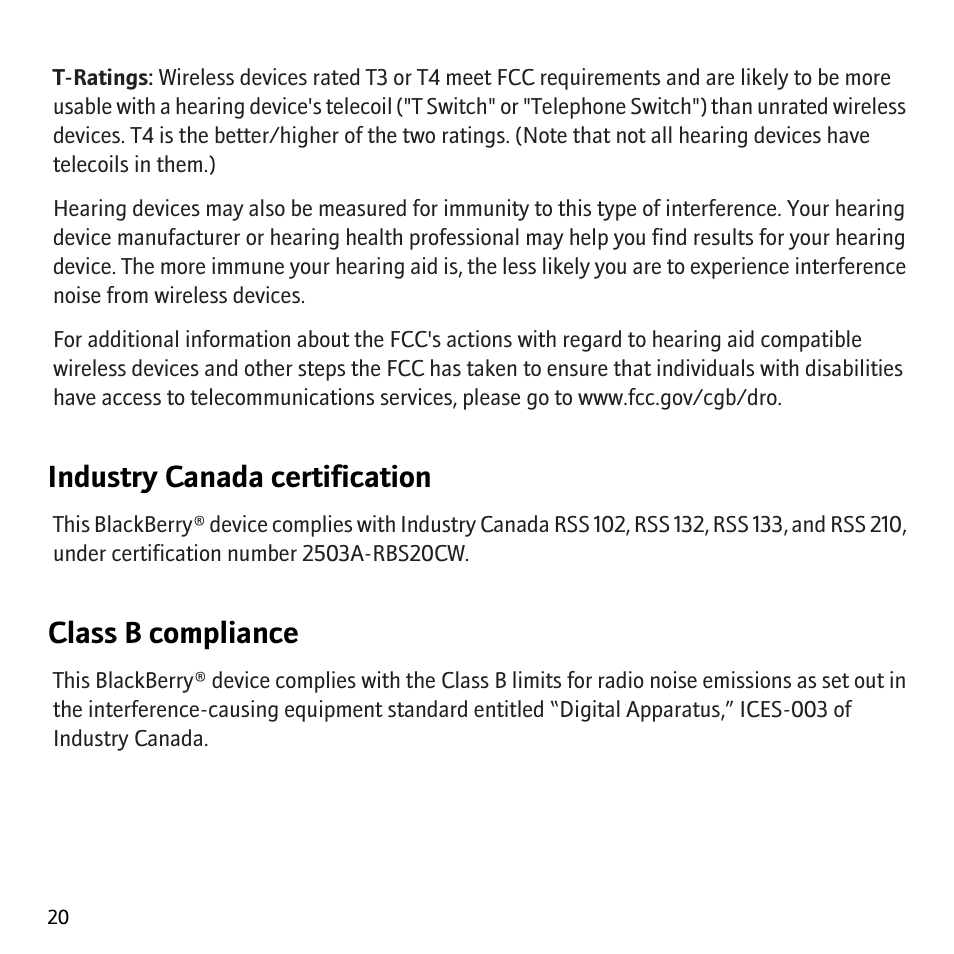 Industry canada certification, Class b compliance | Blackberry Pearl 8130 User Manual | Page 22 / 32