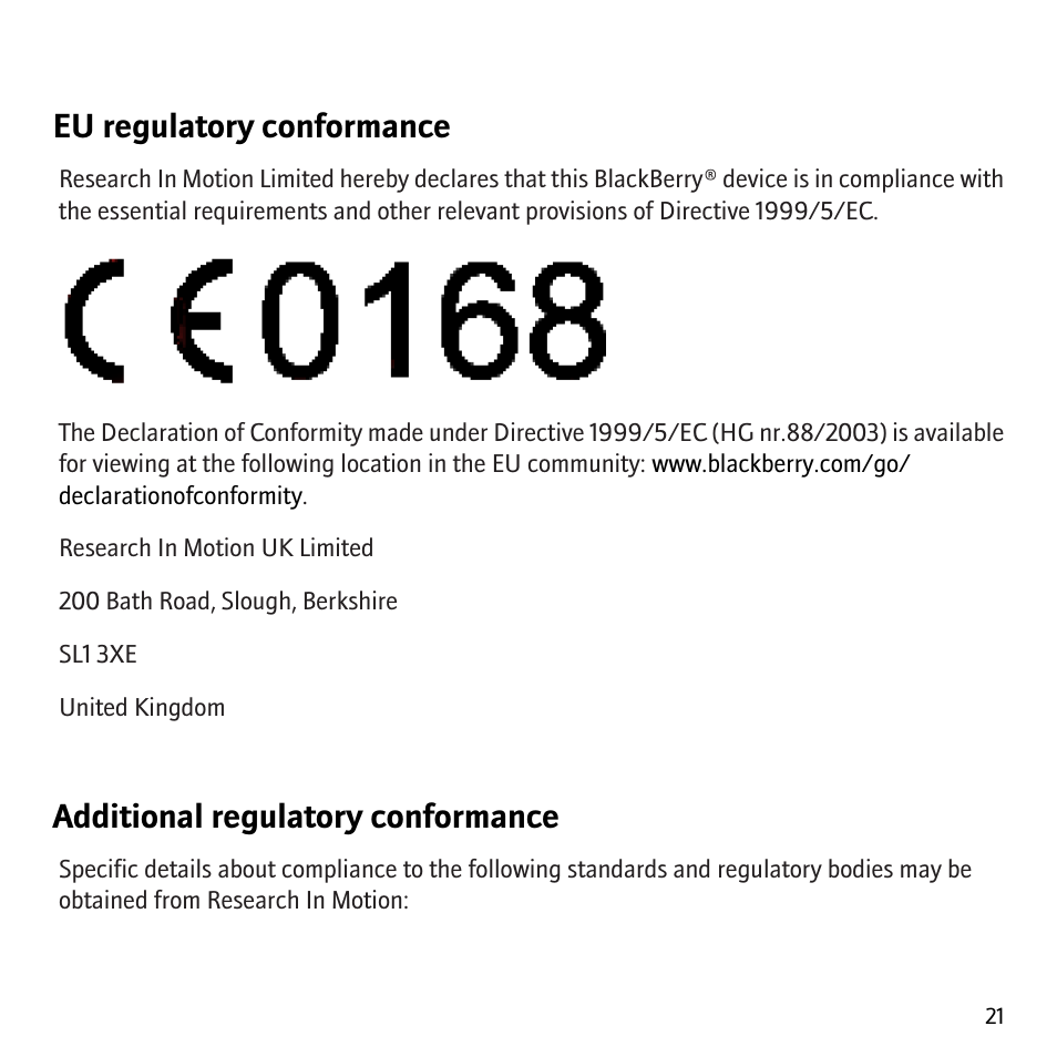 Eu regulatory conformance, Additional regulatory conformance | Blackberry Pearl 8130 User Manual | Page 23 / 32