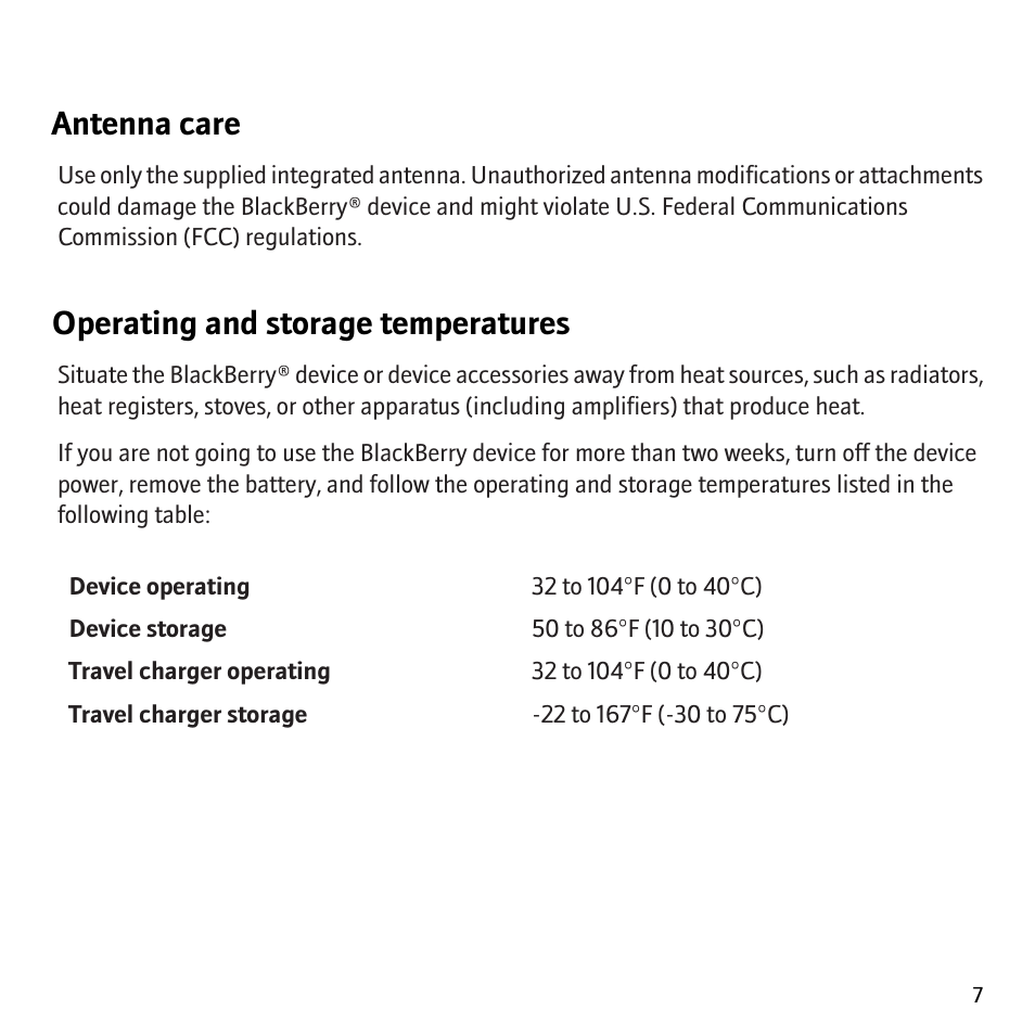 Antenna care, Operating and storage temperatures | Blackberry Pearl 8130 User Manual | Page 9 / 32