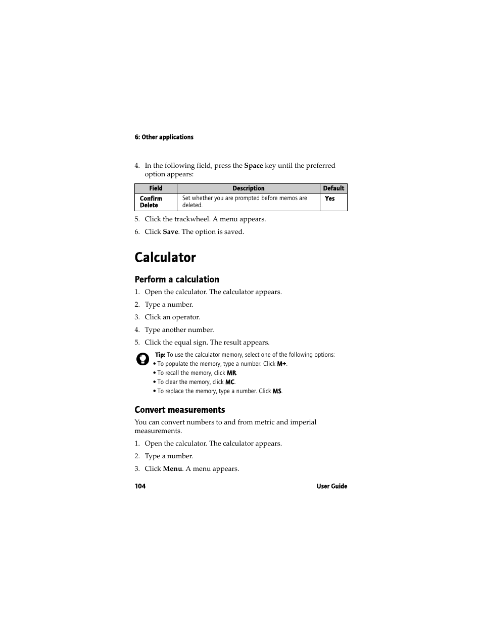 Calculator, Perform a calculation, Convert measurements | Blackberry 7780 User Manual | Page 104 / 154