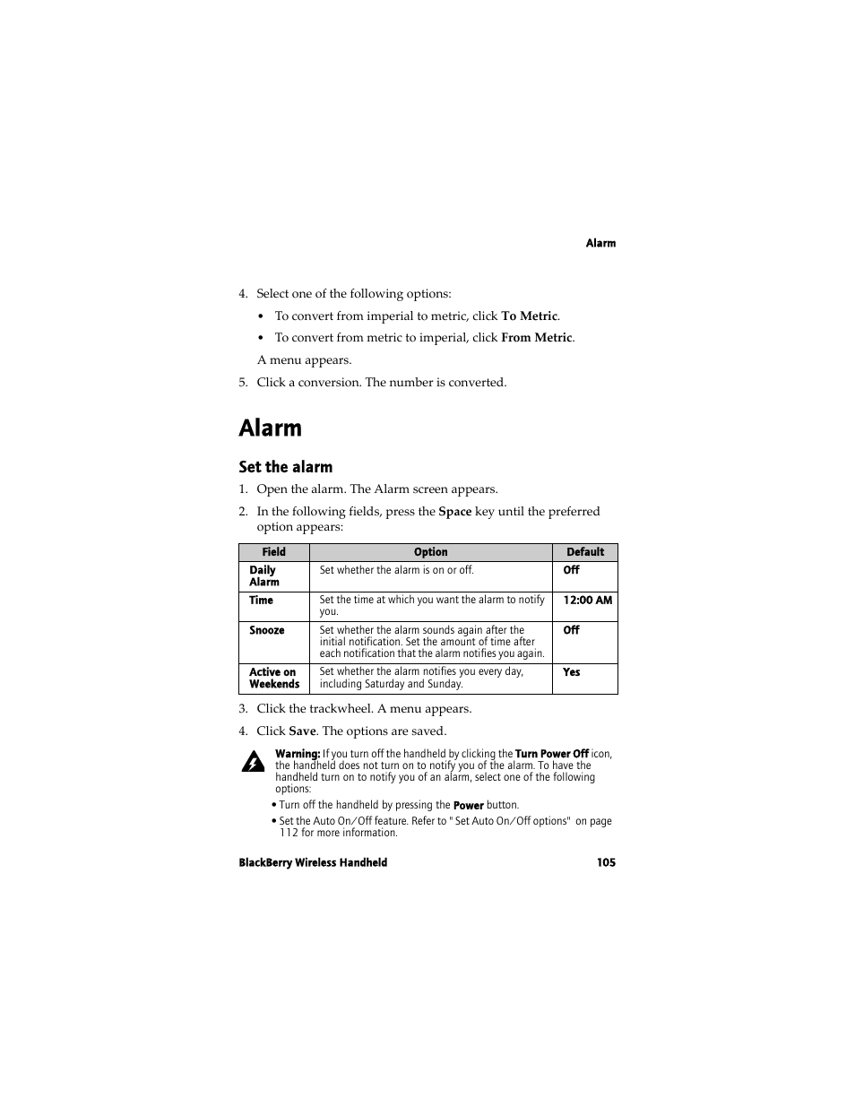 Alarm, Set the alarm | Blackberry 7780 User Manual | Page 105 / 154