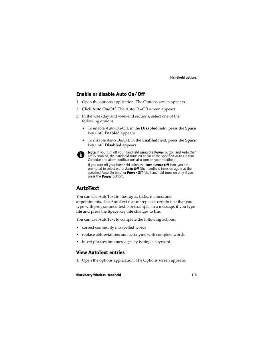 Autotext, Enable or disable auto on/off, View autotext entries | Blackberry 7780 User Manual | Page 113 / 154