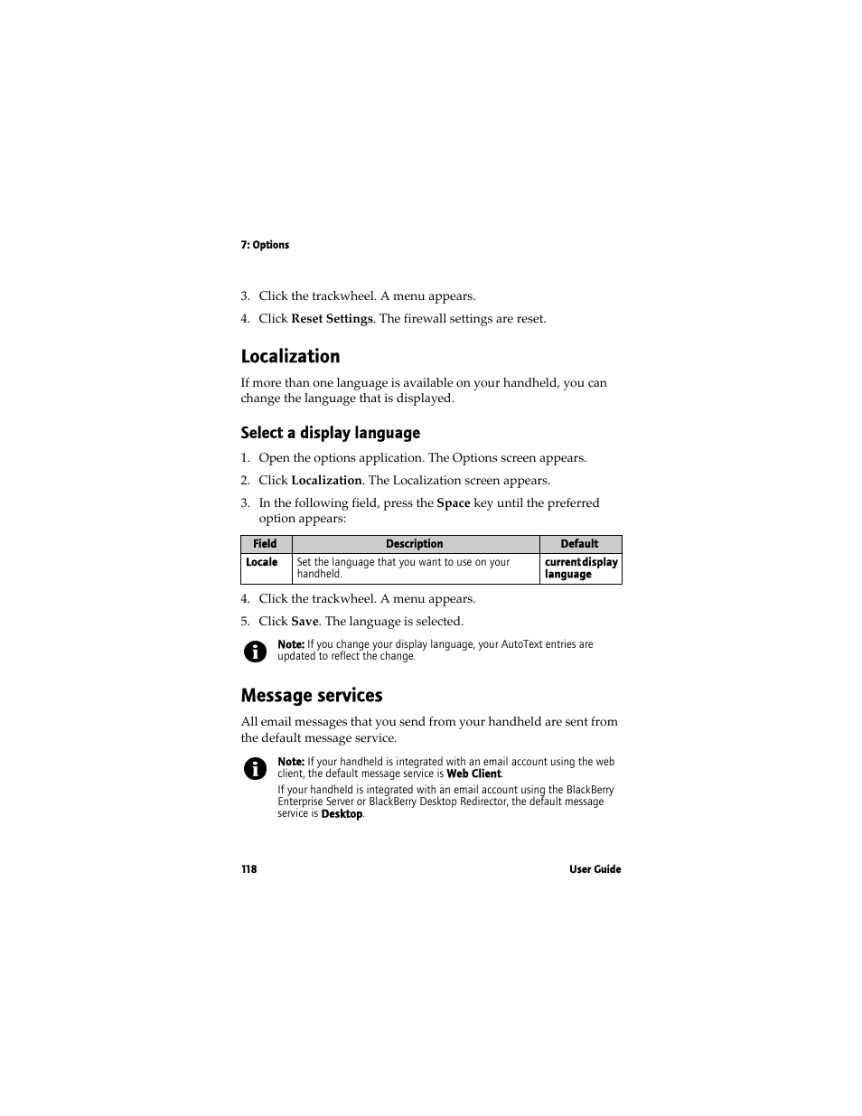 Localization, Message services, Select a display language | Blackberry 7780 User Manual | Page 118 / 154