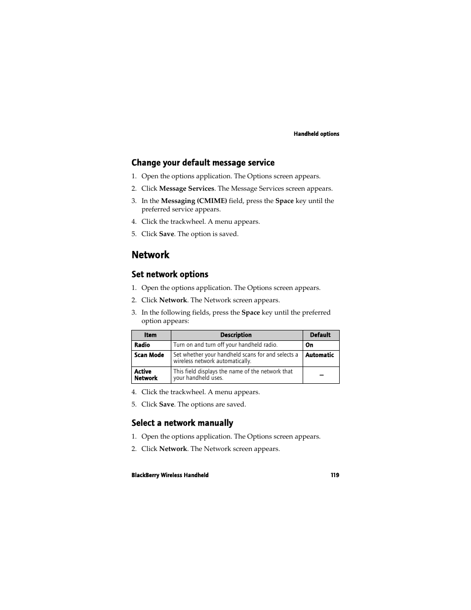 Network, Change your default message service, Set network options | Select a network manually | Blackberry 7780 User Manual | Page 119 / 154