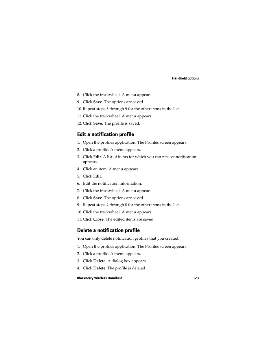Edit a notification profile, Delete a notification profile | Blackberry 7780 User Manual | Page 123 / 154