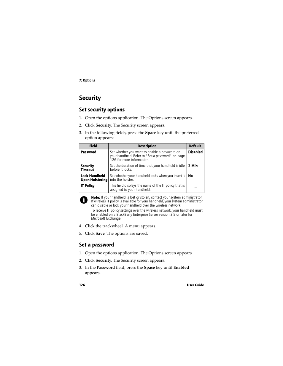 Security, Set security options, Set a password | Blackberry 7780 User Manual | Page 126 / 154