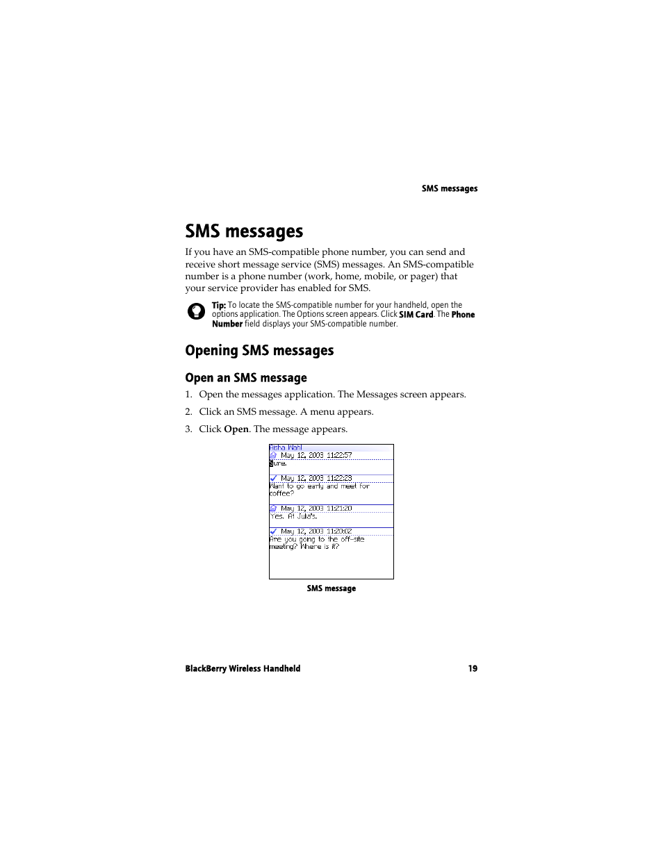 Sms messages, Opening sms messages | Blackberry 7780 User Manual | Page 19 / 154