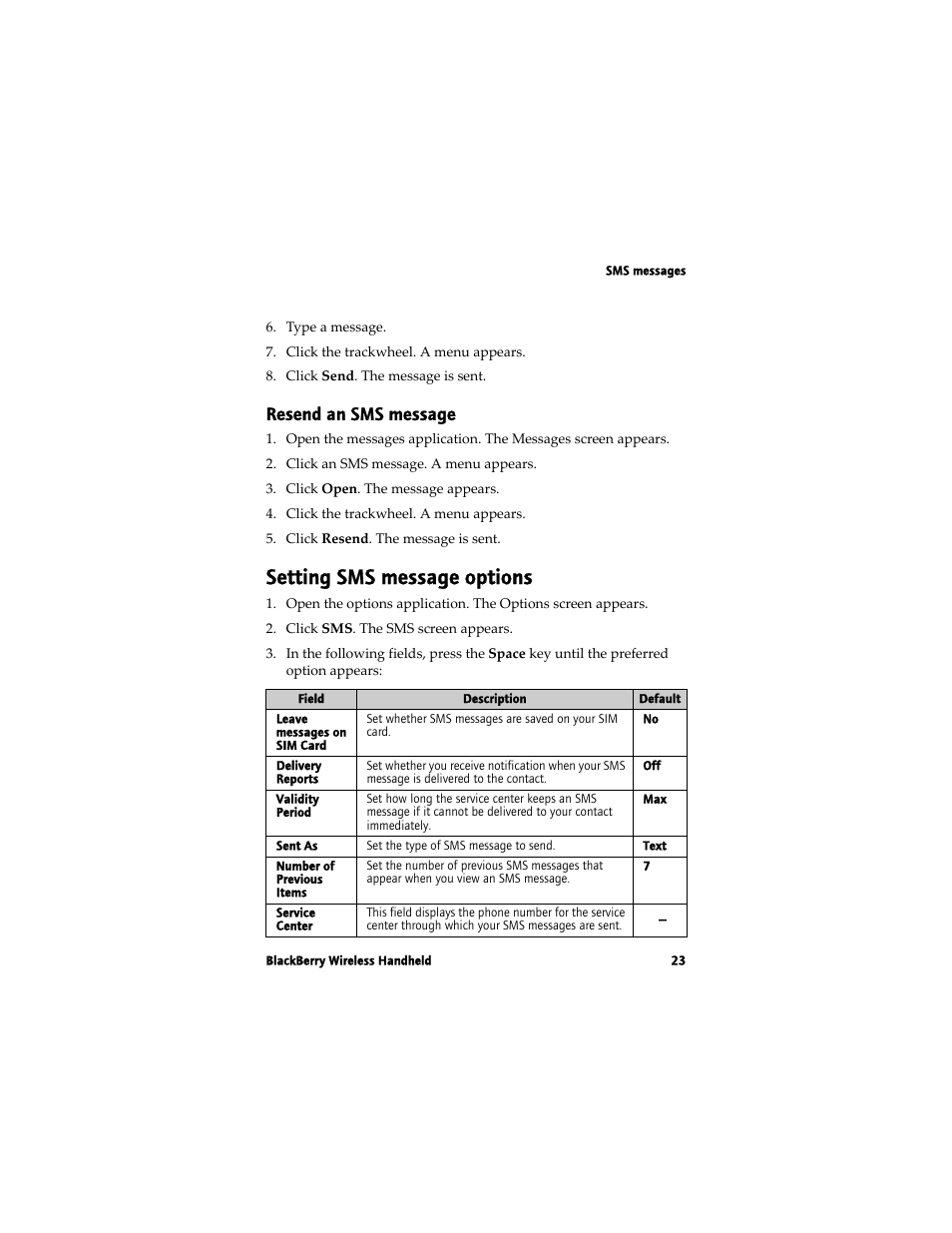 Setting sms message options, Resend an sms message | Blackberry 7780 User Manual | Page 23 / 154