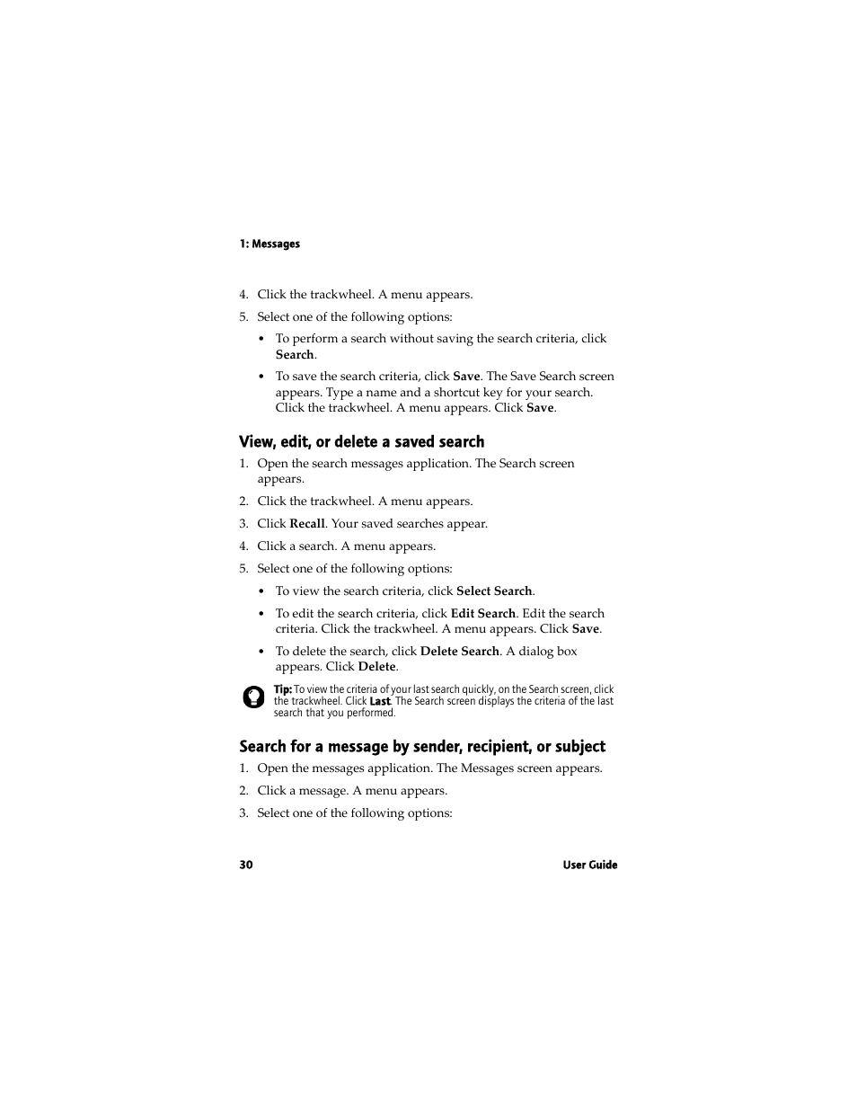 View, edit, or delete a saved search | Blackberry 7780 User Manual | Page 30 / 154