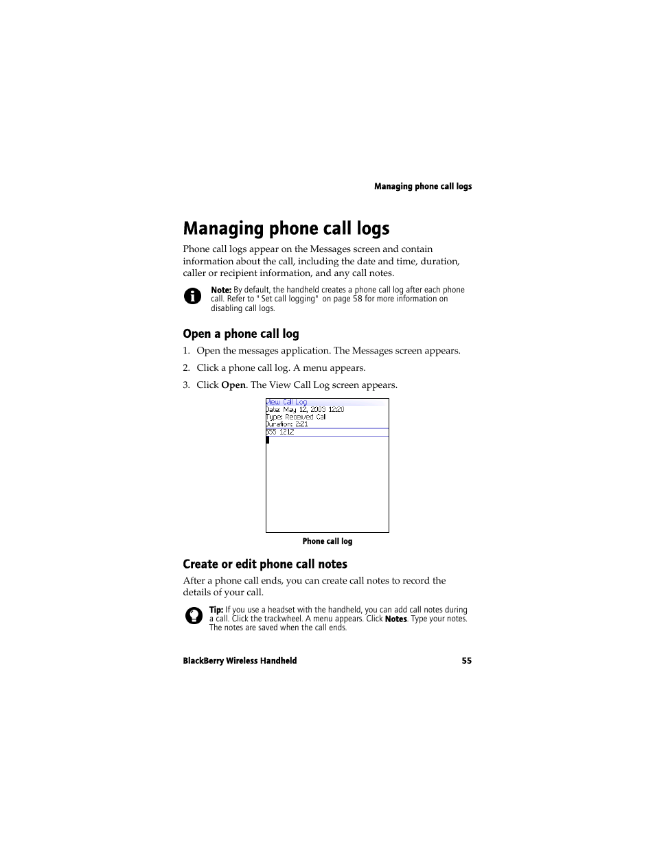 Managing phone call logs | Blackberry 7780 User Manual | Page 55 / 154