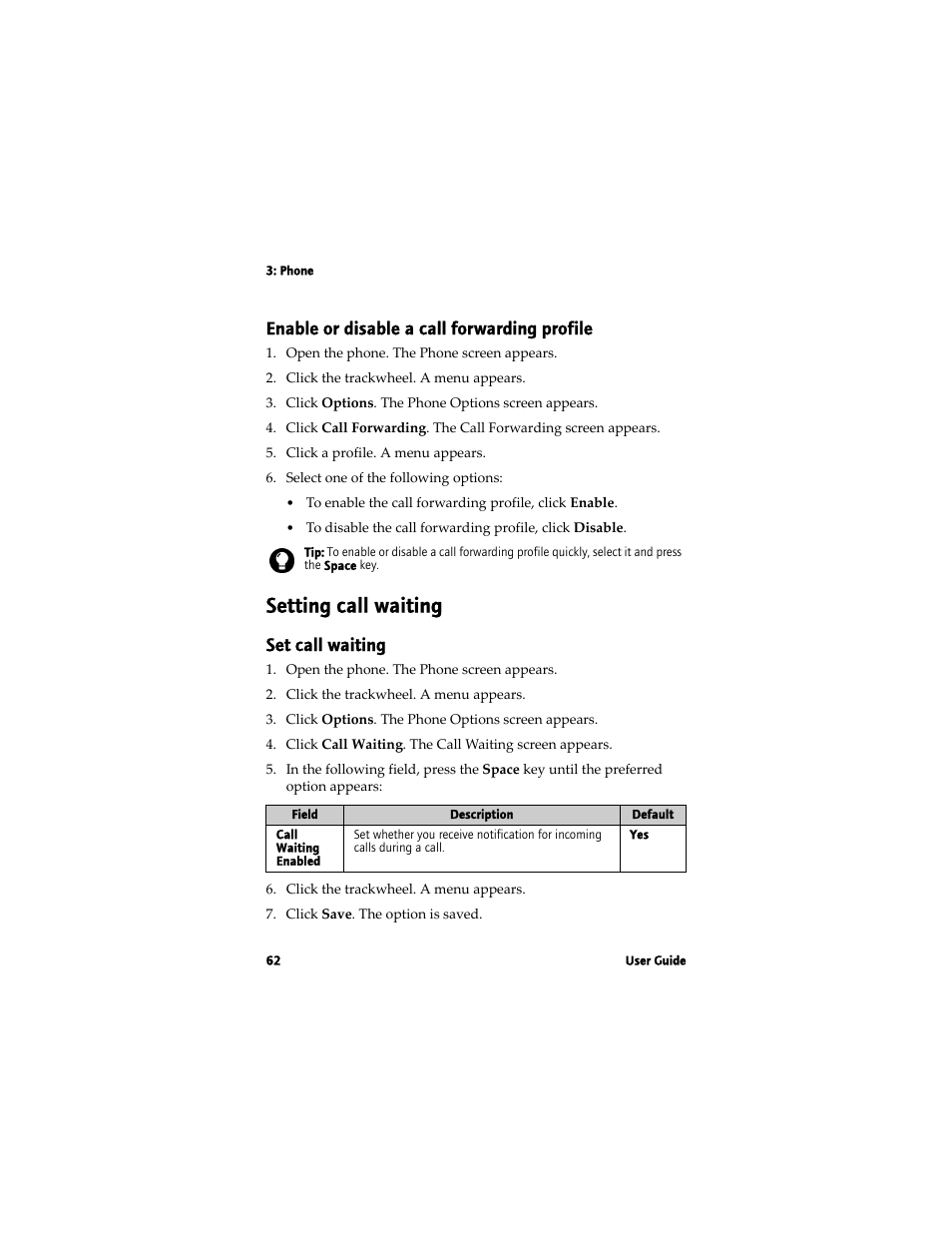 Setting call waiting, Enable or disable a call forwarding profile, Set call waiting | Blackberry 7780 User Manual | Page 62 / 154