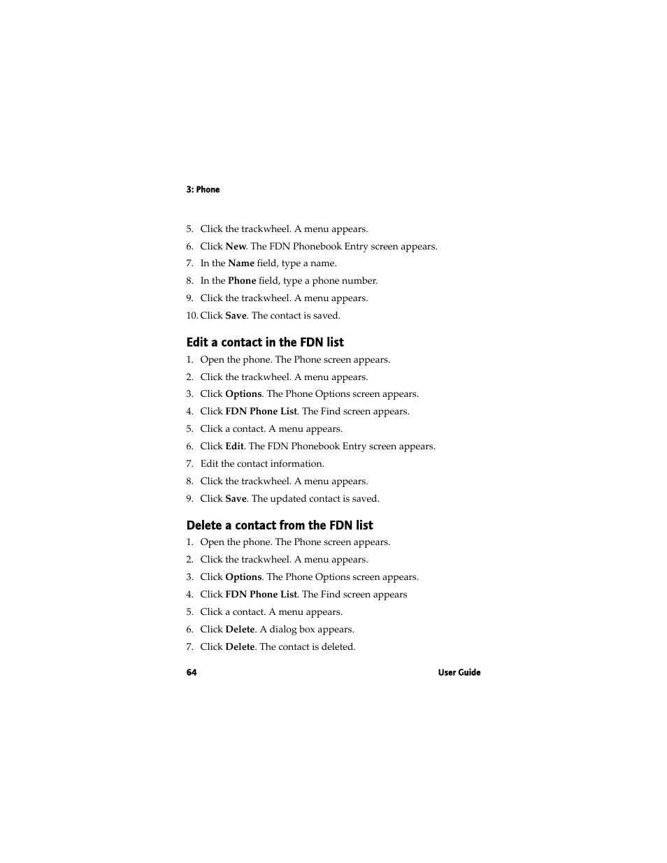 Edit a contact in the fdn list, Delete a contact from the fdn list | Blackberry 7780 User Manual | Page 64 / 154