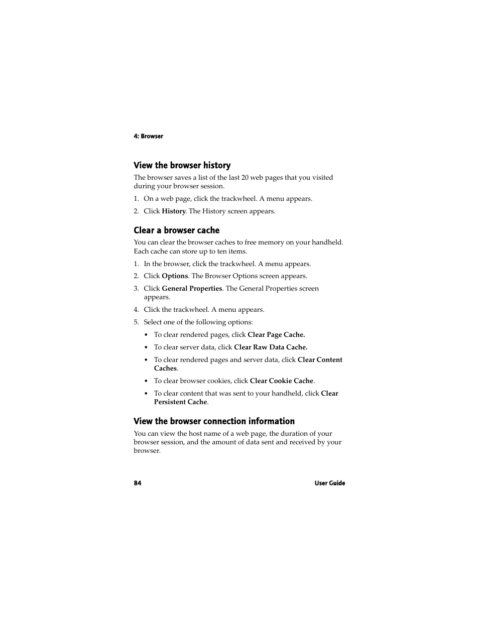 View the browser history, Clear a browser cache, View the browser connection information | Blackberry 7780 User Manual | Page 84 / 154