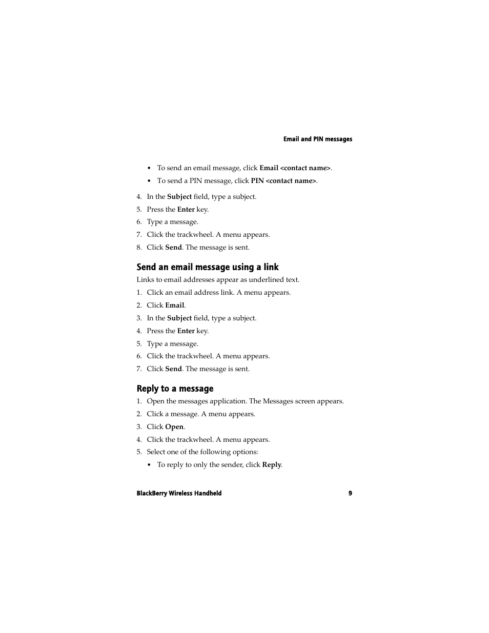 Send an email message using a link, Reply to a message | Blackberry 7780 User Manual | Page 9 / 154