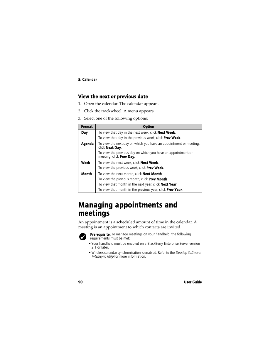 Managing appointments and meetings, View the next or previous date | Blackberry 7780 User Manual | Page 90 / 154