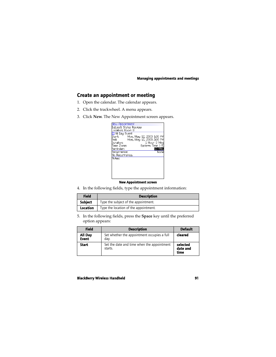 Create an appointment or meeting | Blackberry 7780 User Manual | Page 91 / 154