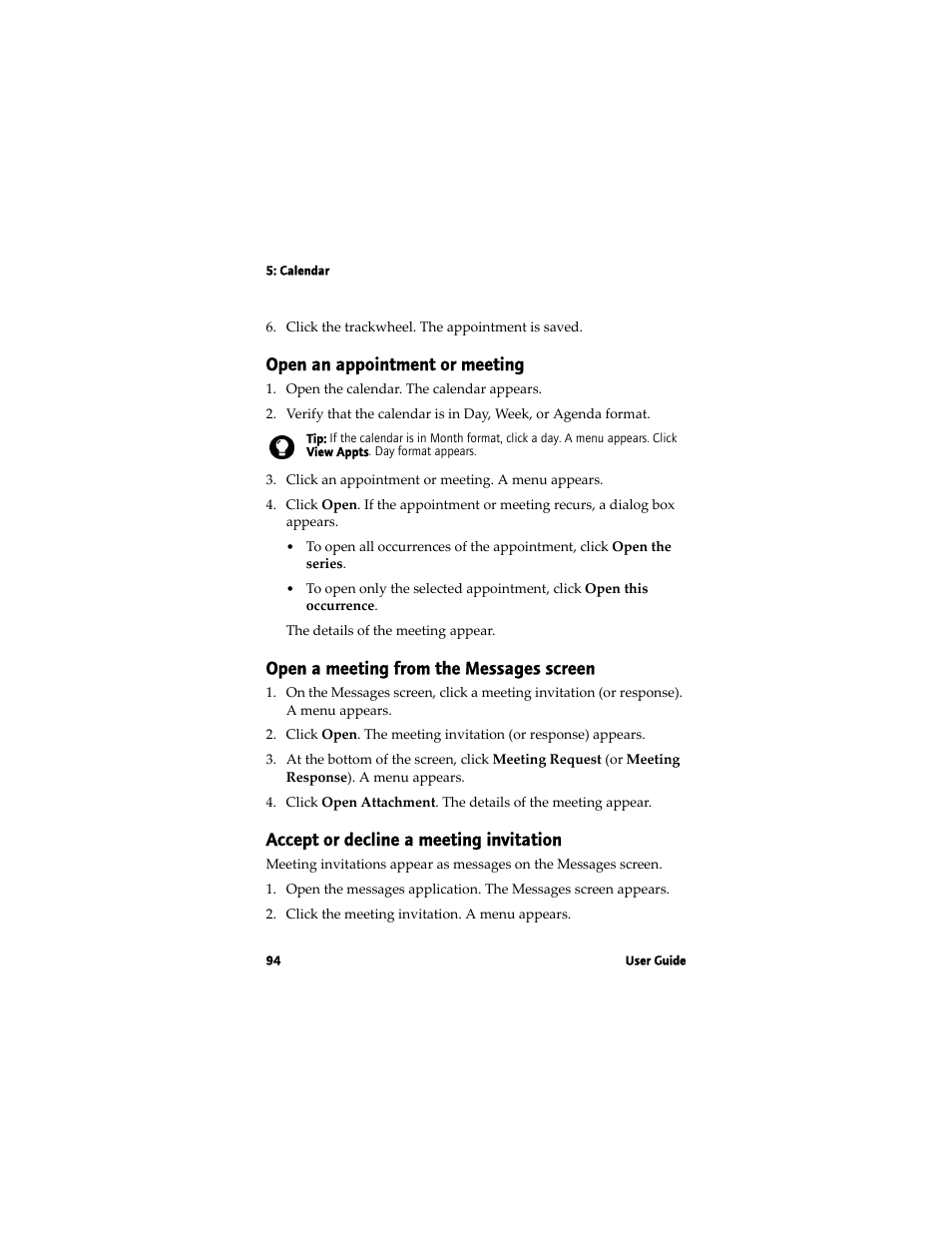 Open an appointment or meeting, Open a meeting from the messages screen, Accept or decline a meeting invitation | Blackberry 7780 User Manual | Page 94 / 154