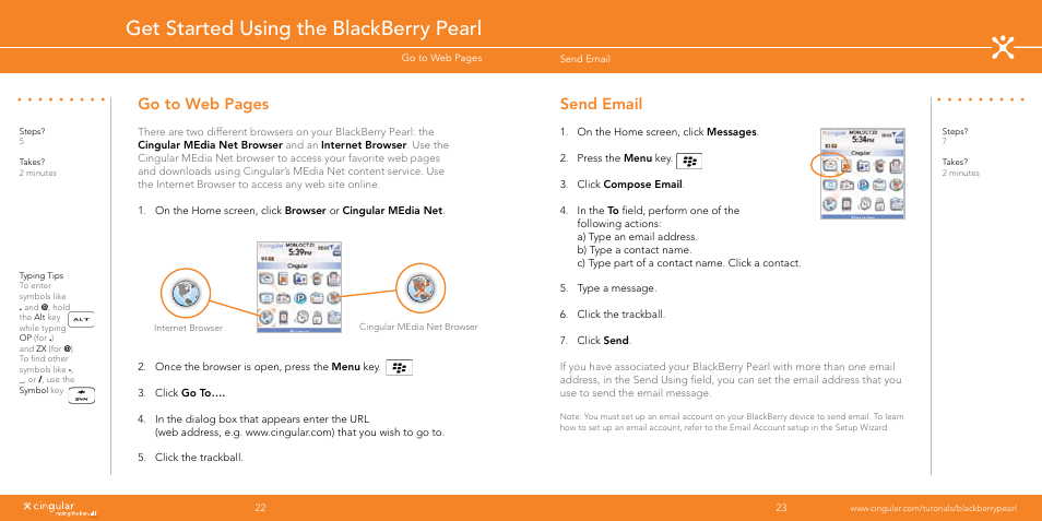Get started using the blackberry pearl, Go to web pages, Send email | Blackberry Pearl User Manual | Page 12 / 24