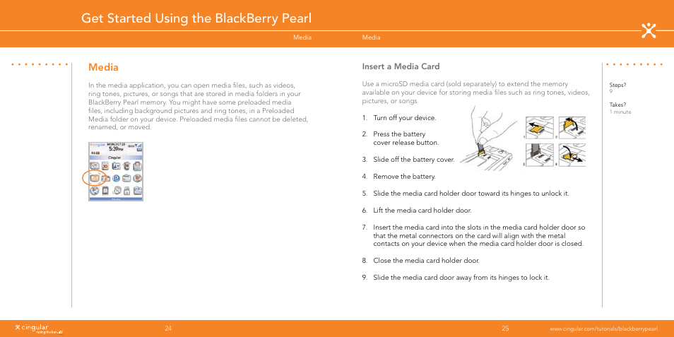 Get started using the blackberry pearl, Media, Insert a media card | Blackberry Pearl User Manual | Page 13 / 24