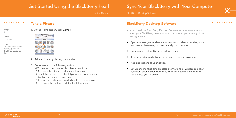 Get started using the blackberry pearl, Sync your blackberry with your computer, Take a picture | Blackberry desktop software | Blackberry Pearl User Manual | Page 14 / 24