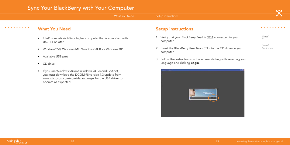 Sync your blackberry with your computer, What you need, Setup instructions | Blackberry Pearl User Manual | Page 15 / 24