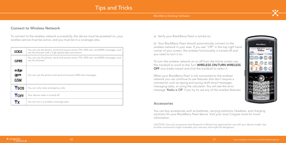 Tips and tricks, Connect to wireless network, Accessories | White (reversed) | Blackberry Pearl User Manual | Page 21 / 24