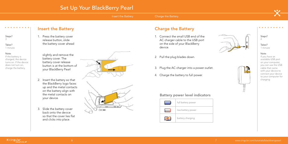 Set up your blackberry pearl, Insert the battery, Charge the battery | Battery power level indicators | Blackberry Pearl User Manual | Page 4 / 24