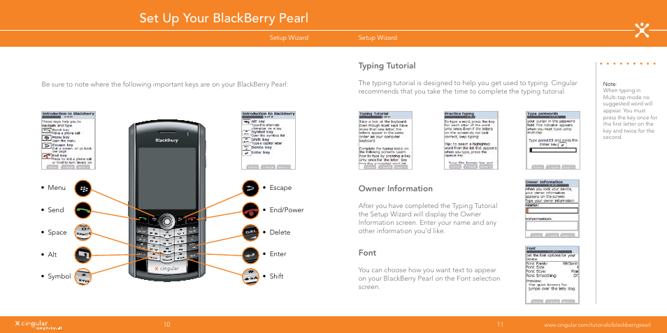 Set up your blackberry pearl, Typing tutorial, Owner information | Font | Blackberry Pearl User Manual | Page 6 / 24