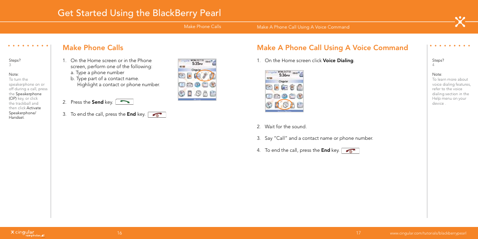 Get started using the blackberry pearl, Make phone calls, Make a phone call using a voice command | White (reversed) | Blackberry Pearl User Manual | Page 9 / 24