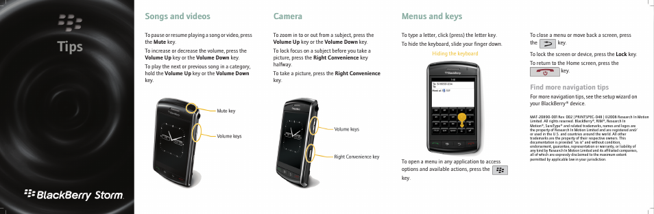 Tips, Songs and videos, Camera | Menus and keys, Find more navigation tips | Blackberry Storm 9500 User Manual | Page 2 / 2