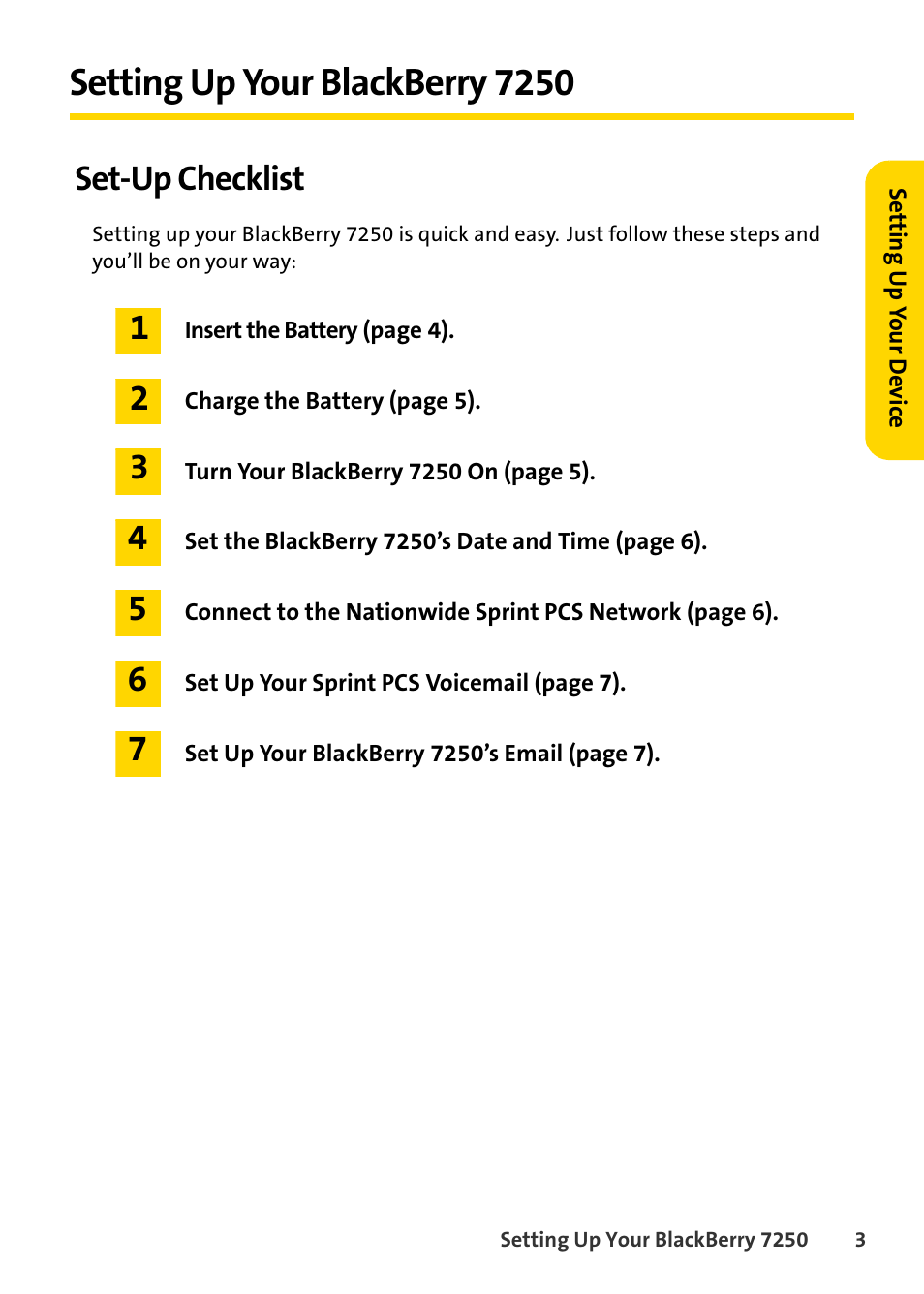 Setting up your blackberry 7250, Set-up checklist | Blackberry 7250 User Manual | Page 10 / 57