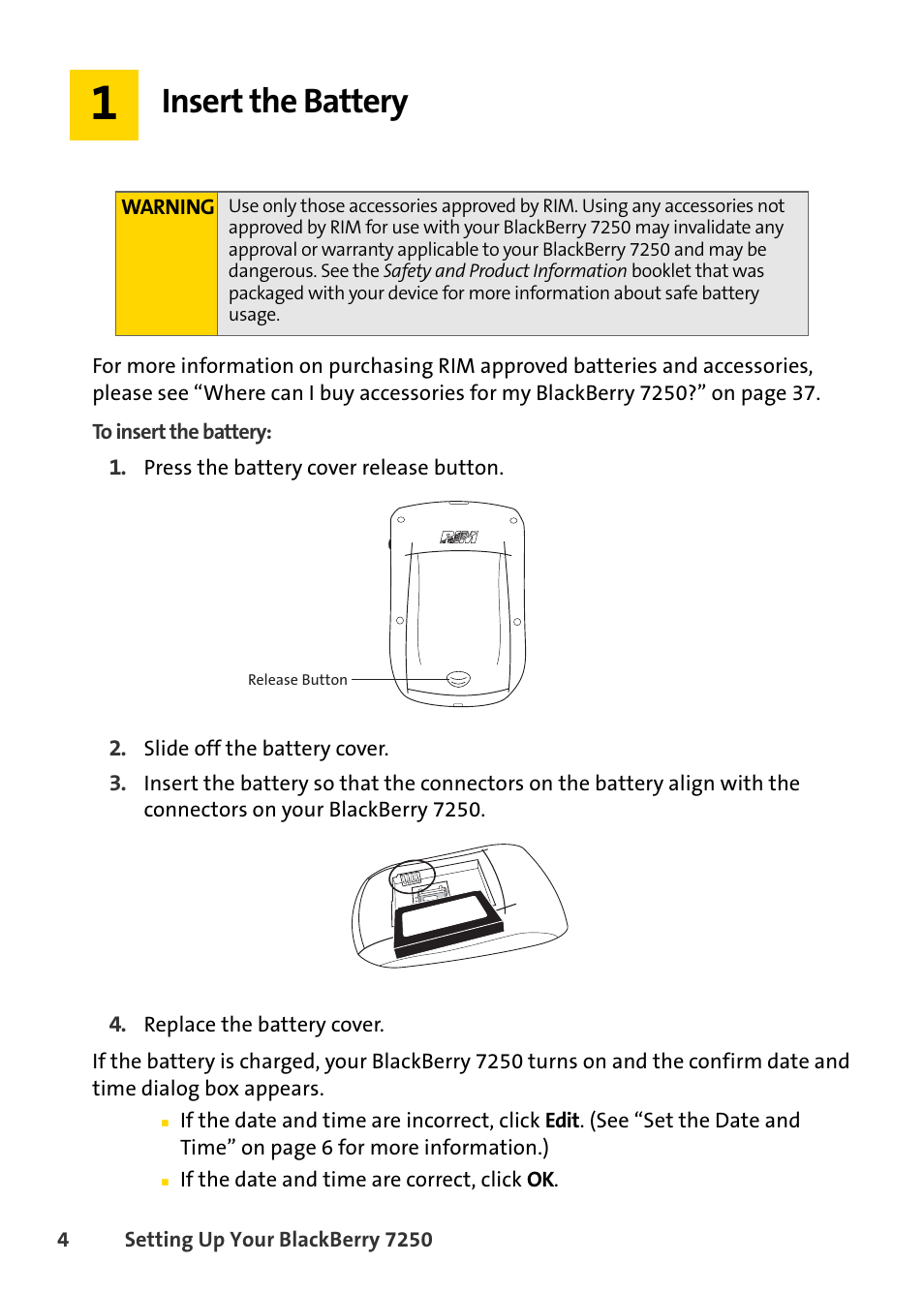 Insert the battery | Blackberry 7250 User Manual | Page 11 / 57