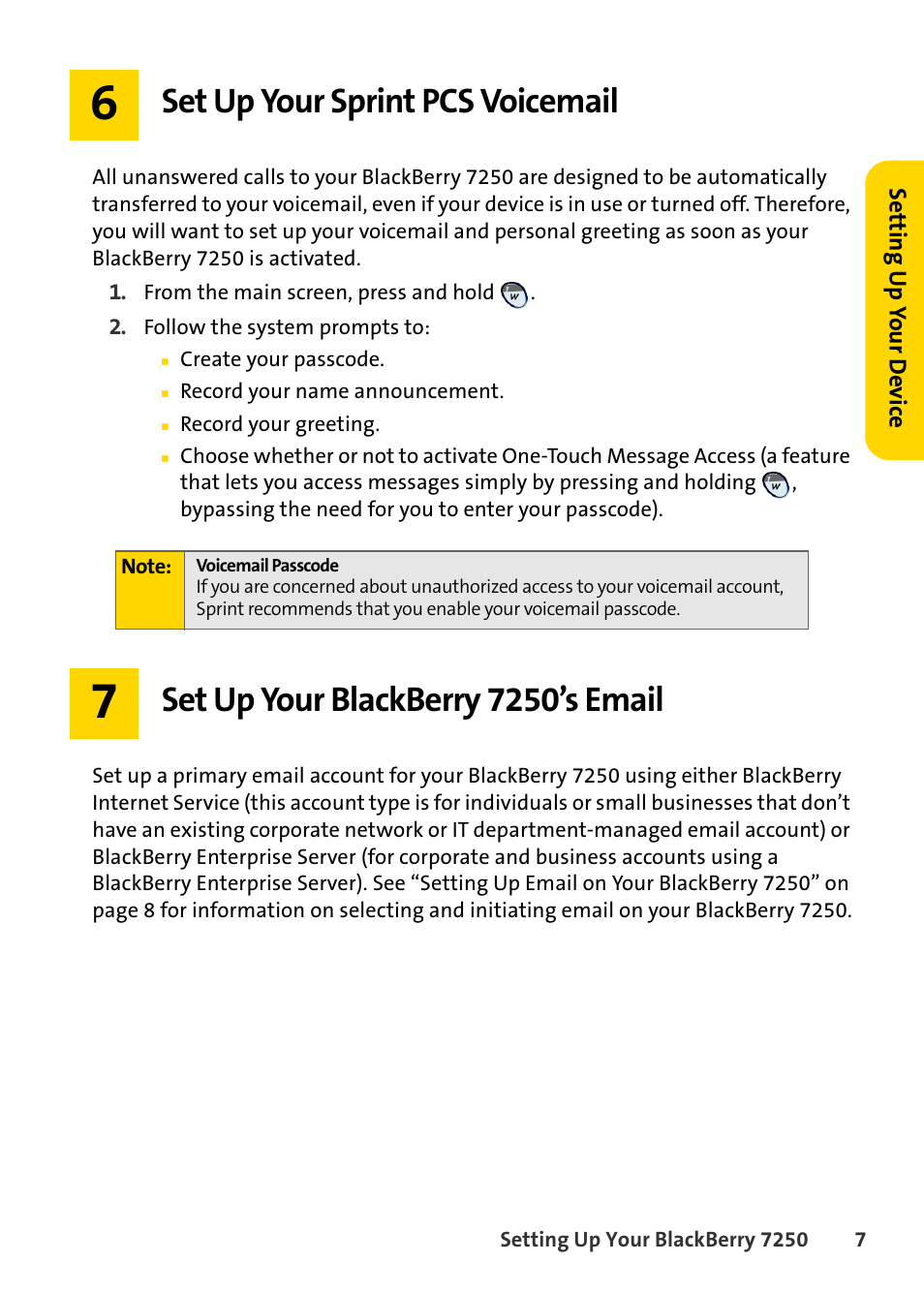 Set up your sprint pcs voicemail, Set up your blackberry 7250’s email | Blackberry 7250 User Manual | Page 14 / 57