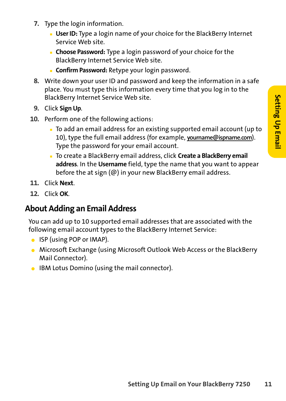 About adding an email address, Setting u p email | Blackberry 7250 User Manual | Page 18 / 57