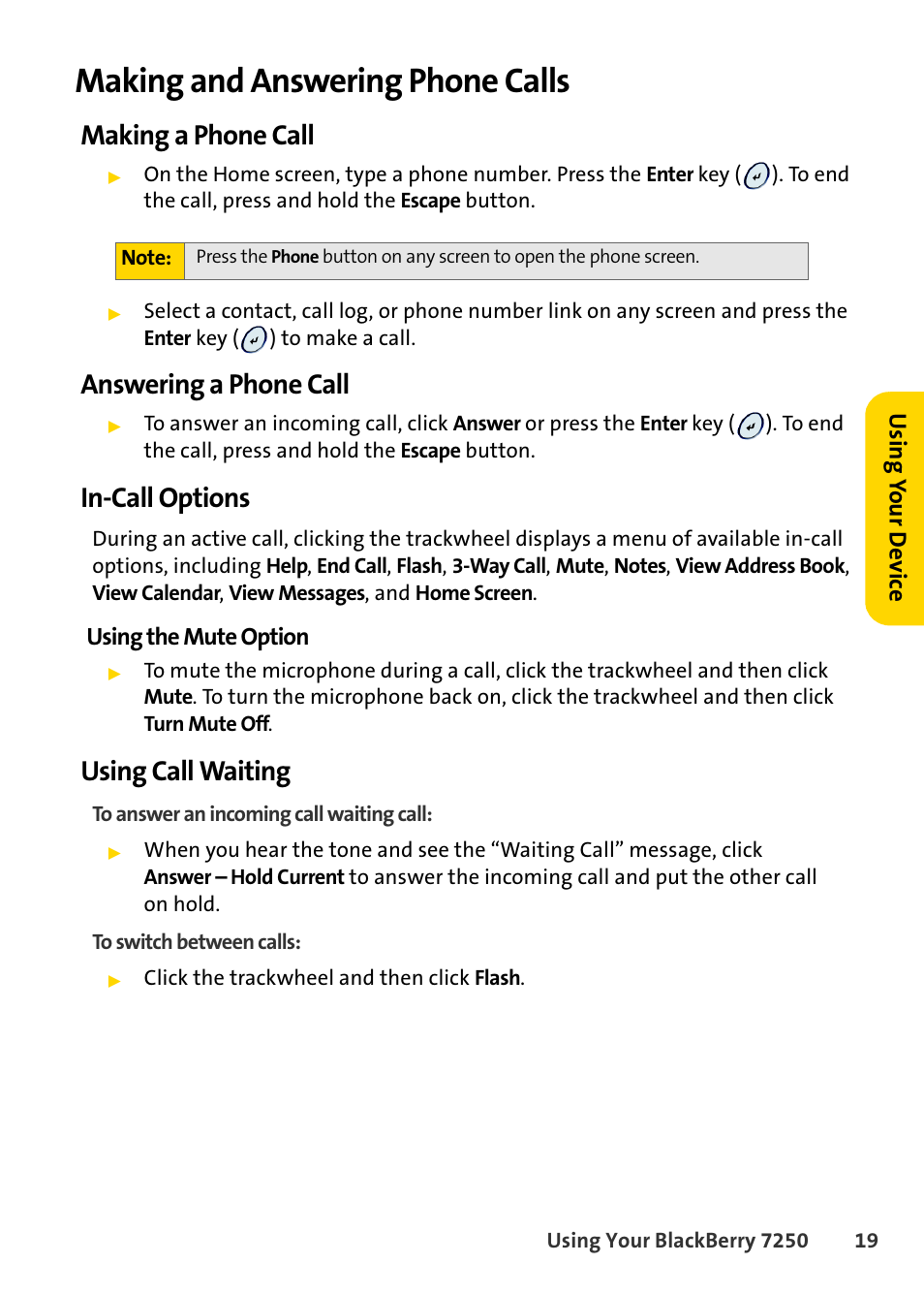 Making and answering phone calls, Making a phone call, Answering a phone call | In-call options, Using call waiting | Blackberry 7250 User Manual | Page 26 / 57