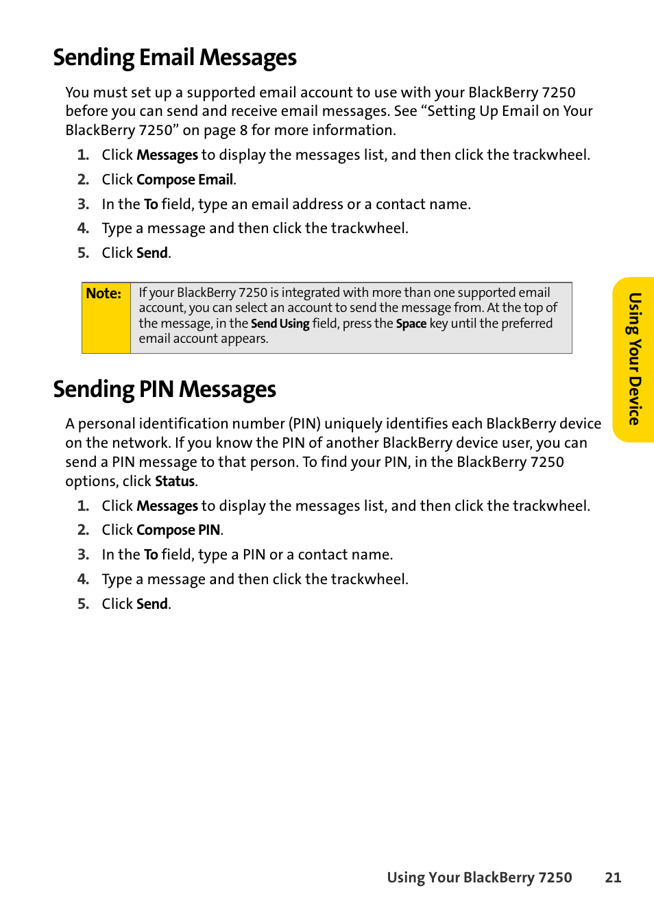 Sending email messages, Sending pin messages, Sending email messages sending pin messages | Blackberry 7250 User Manual | Page 28 / 57