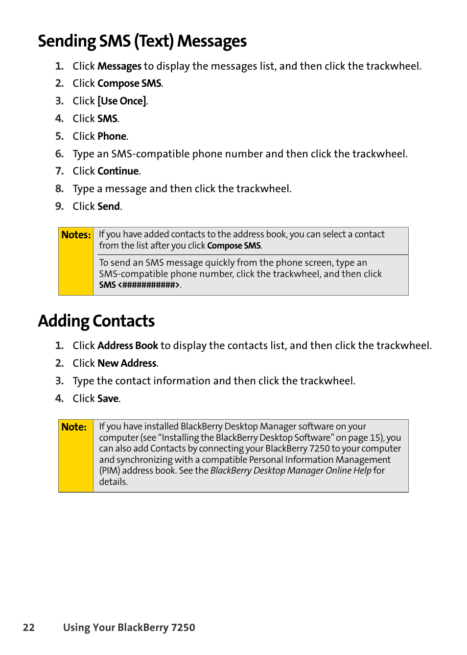 Sending sms (text) messages, Adding contacts, Sending sms (text) messages adding contacts | Blackberry 7250 User Manual | Page 29 / 57