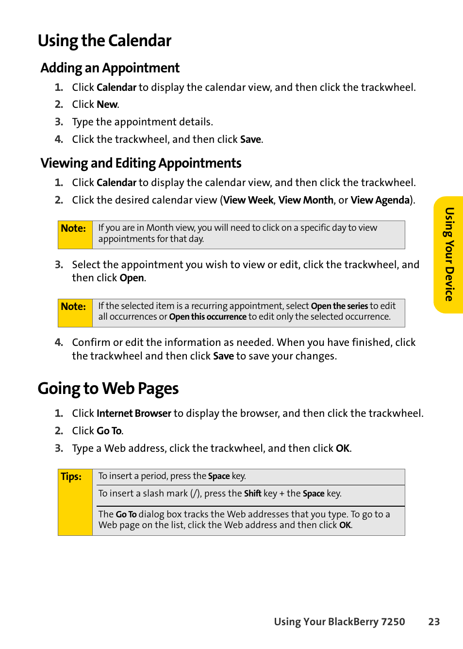 Using the calendar, Adding an appointment, Viewing and editing appointments | Going to web pages | Blackberry 7250 User Manual | Page 30 / 57