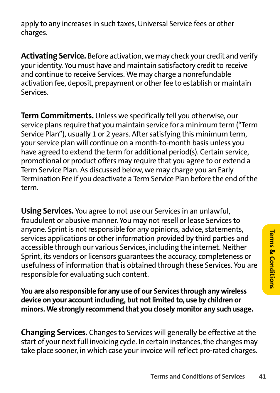 Activating service, Term commitments, Using services | Changing services | Blackberry 7250 User Manual | Page 48 / 57