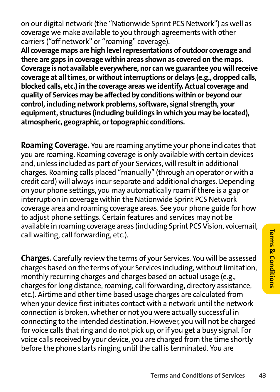 Roaming coverage, Charges | Blackberry 7250 User Manual | Page 50 / 57