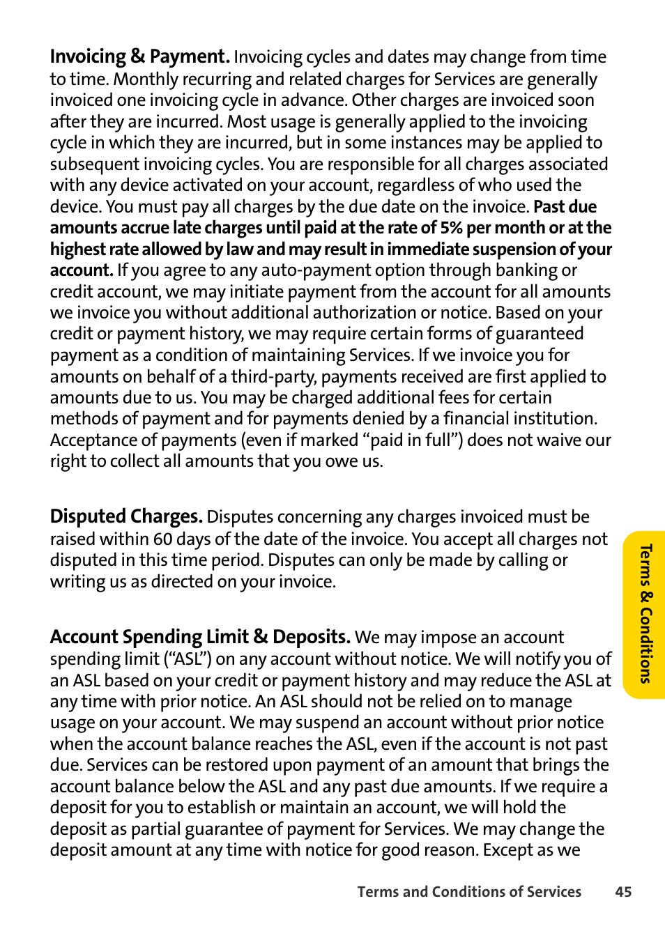 Invoicing & payment, Disputed charges, Account spending limit & deposits | Blackberry 7250 User Manual | Page 52 / 57