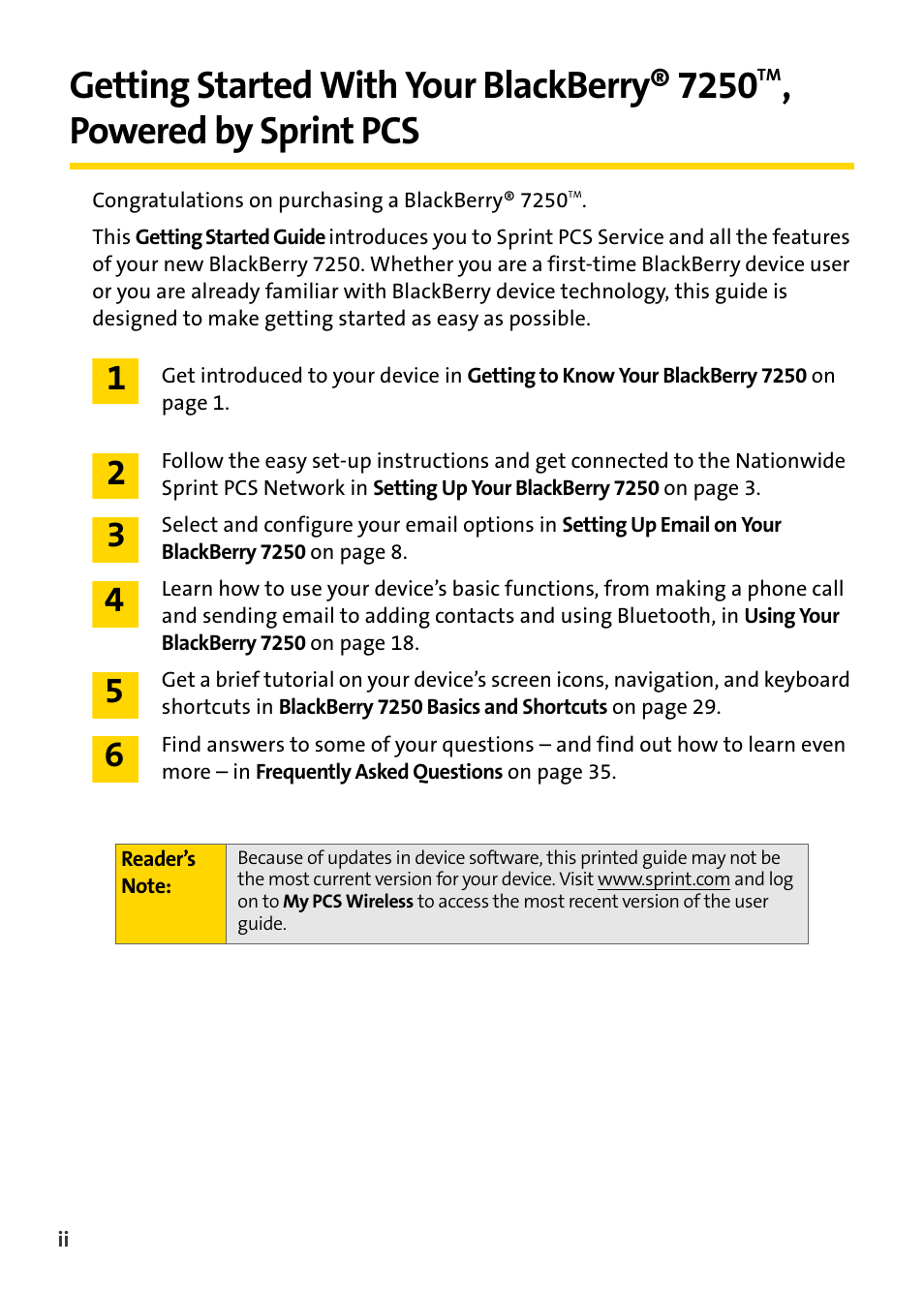 Getting started with your blackberry® 7250, Powered by sprint pcs | Blackberry 7250 User Manual | Page 7 / 57