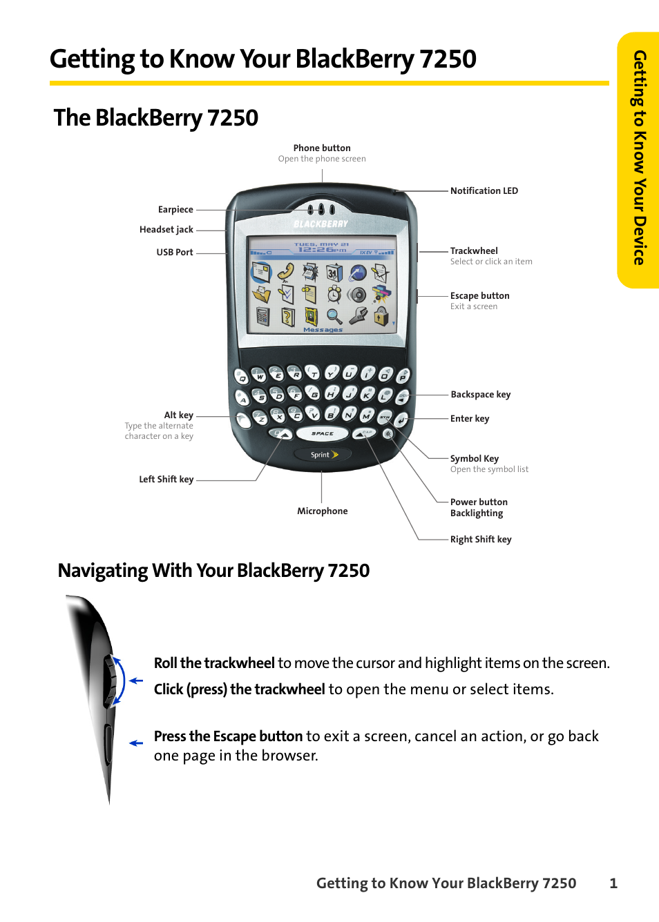 Getting to know your blackberry 7250, The blackberry 7250, Navigating with your blackberry 7250 | Ge ttin g to k n ow y o ur de vice | Blackberry 7250 User Manual | Page 8 / 57