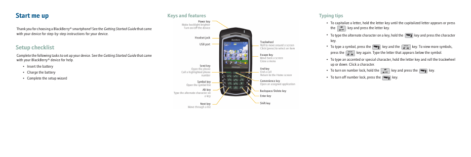 Start me up, Setup checklist, Keys and features typing tips | Blackberry 7130e User Manual | Page 2 / 4