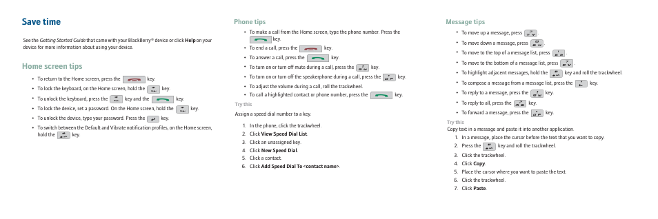 Save time, Home screen tips, Phone tips | Message tips | Blackberry 7130e User Manual | Page 3 / 4