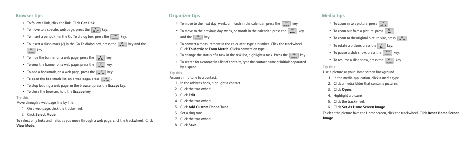Browser tips, Organizer tips, Media tips | Blackberry 7130e User Manual | Page 4 / 4