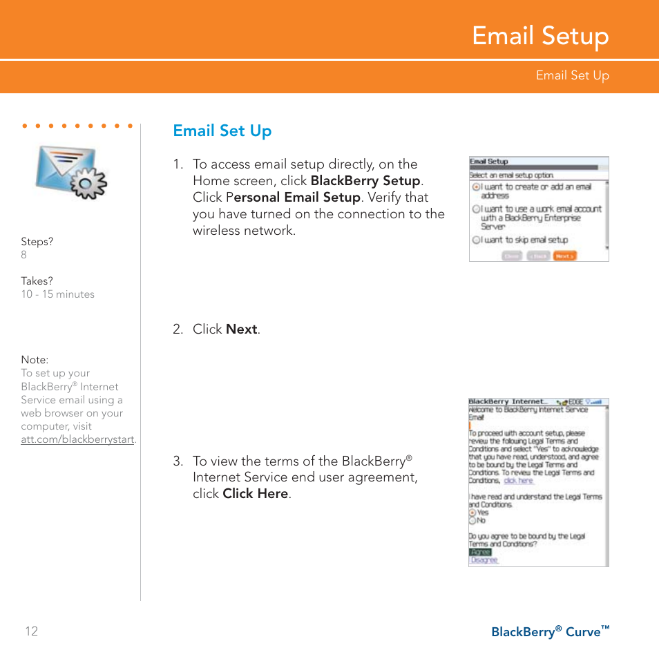 Email setup, Email set up | Blackberry Curve User Manual | Page 12 / 54