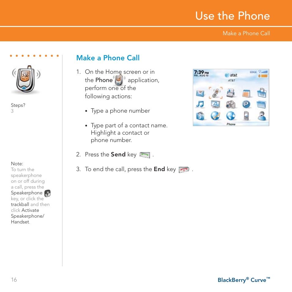 Use the phone, Make a phone call | Blackberry Curve User Manual | Page 16 / 54